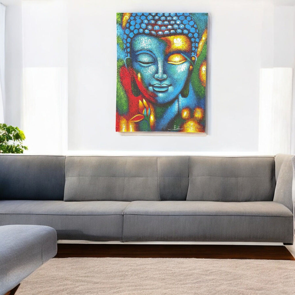 Buddha Painting Blue and Gold Flower Artwork for Vibrant Spaces