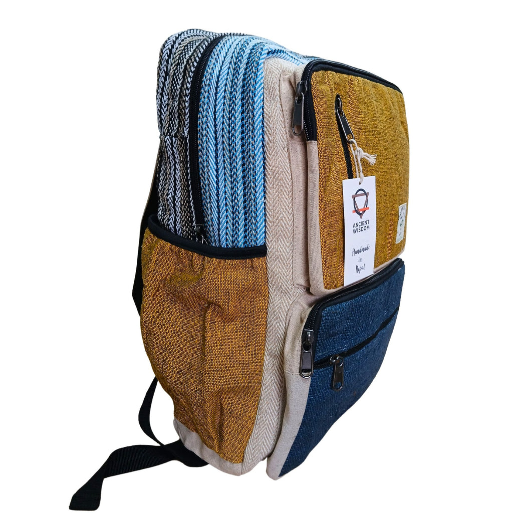 Large Boxy Hemp Backpack in Teal and Tumeric Colour Design