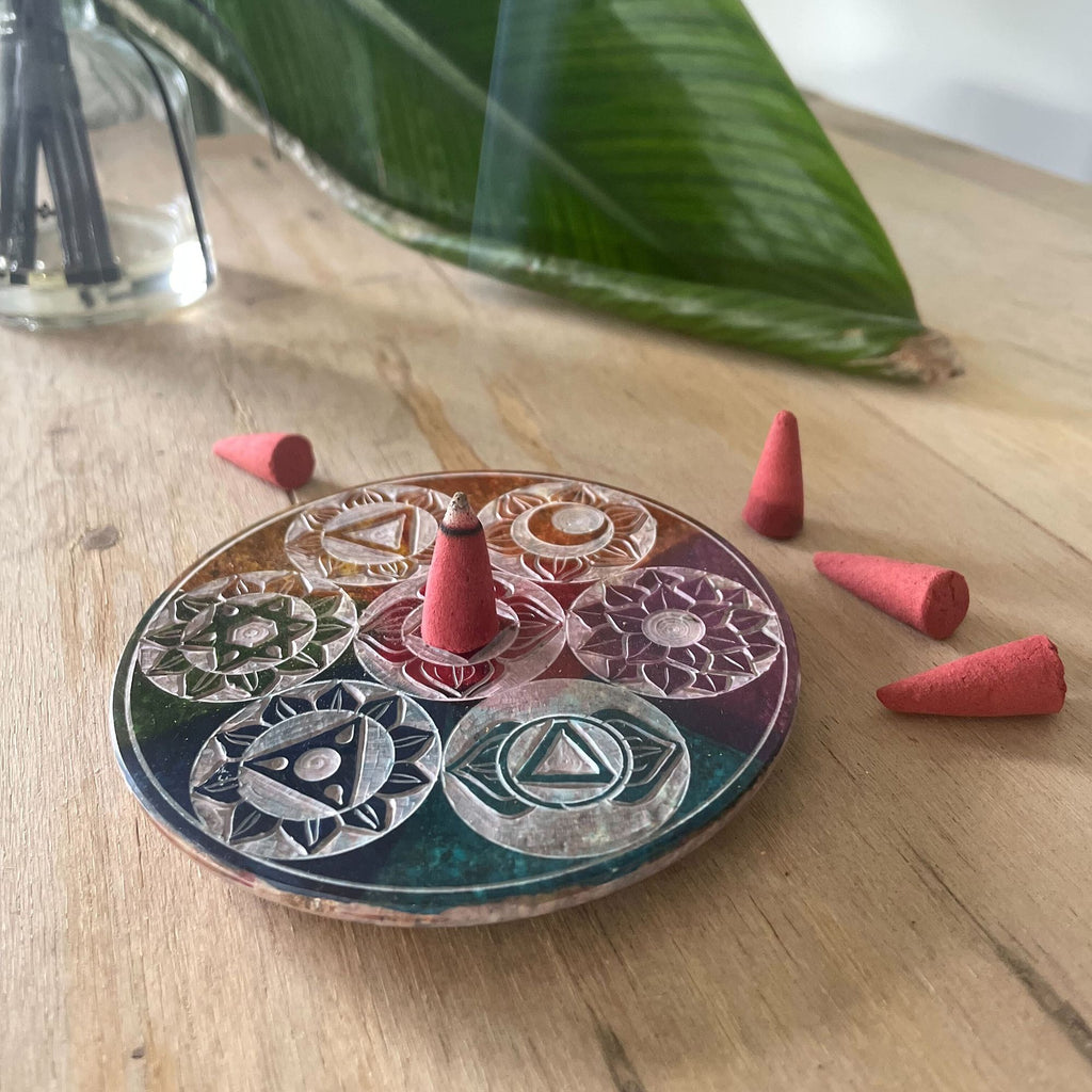 Soapstone Disc Incense Cone Holder 10cm with Seven Chakra Symbols