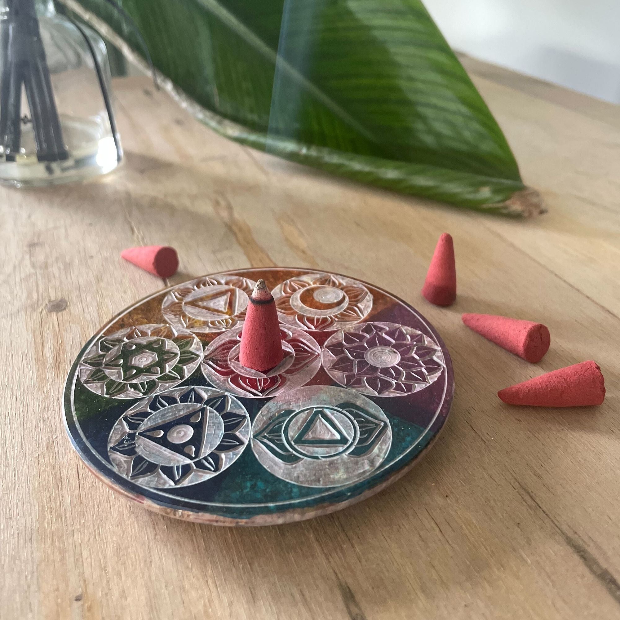Soapstone Disc Incense Cone Holder 10cm with Seven Chakra Symbols
