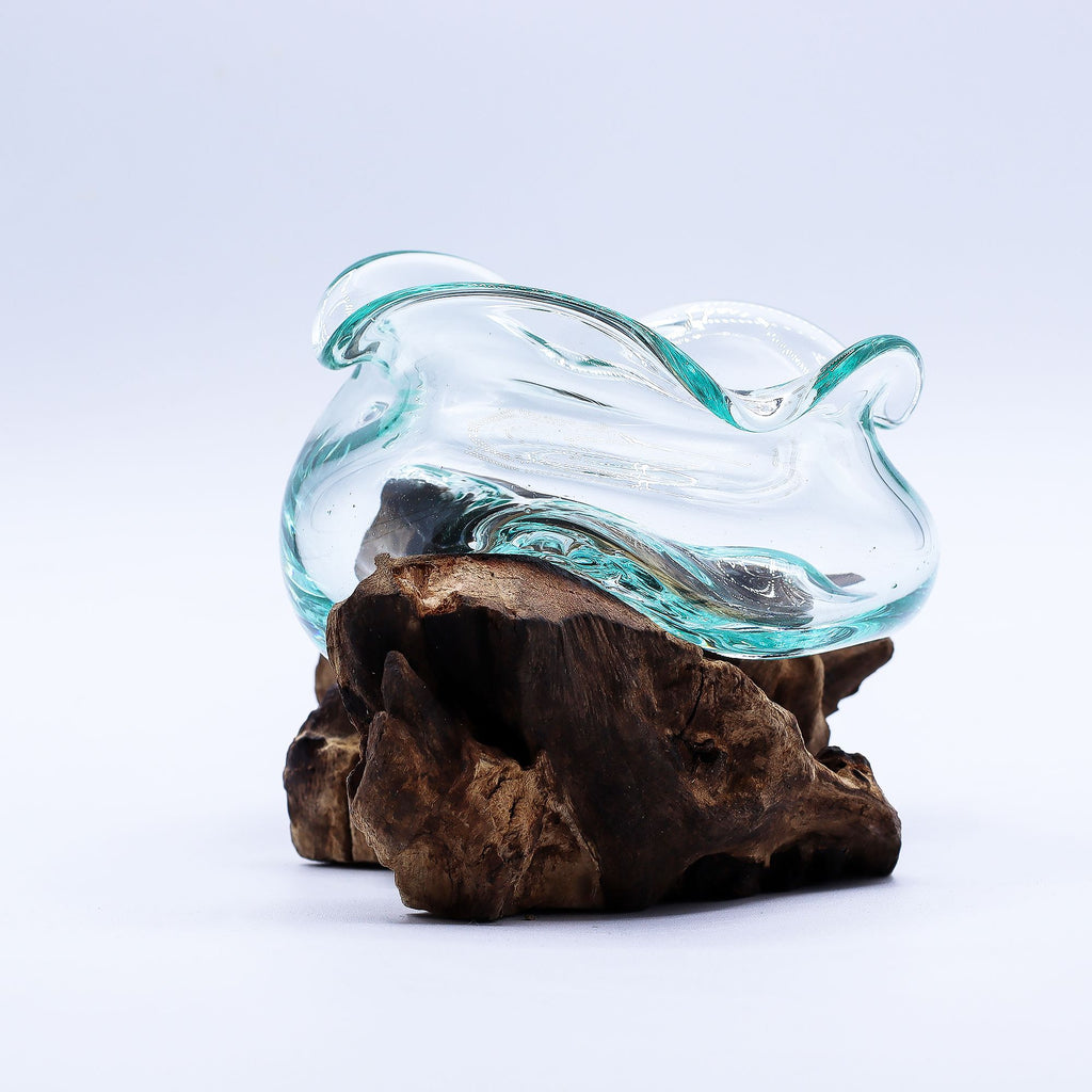 Molten Glass Wavy Bowl on Wood 18cm for Unique Home Décor
