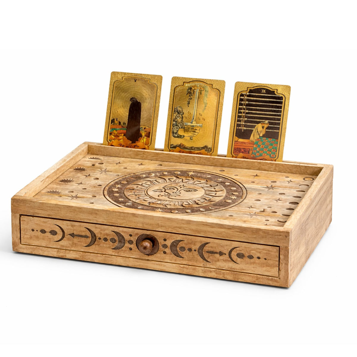 Sun Moon Carved Tarot Box with Drawer
