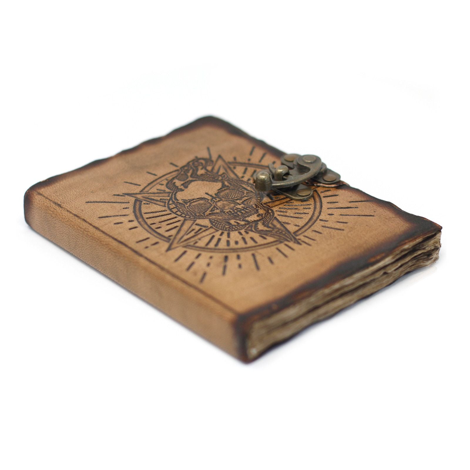 Leather Pentagon & Skull Notebook with Burns Detail 7x5 Inches