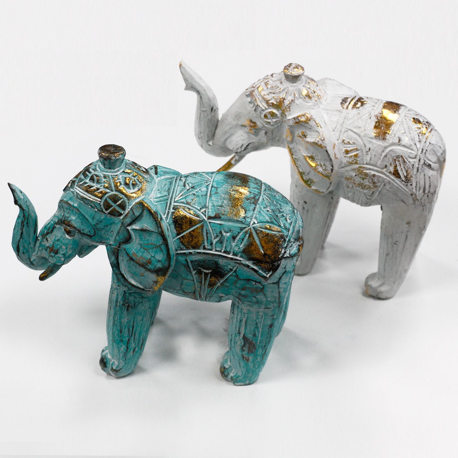 Wood Carved Elephant Decorative Figure in Turquoise and Gold