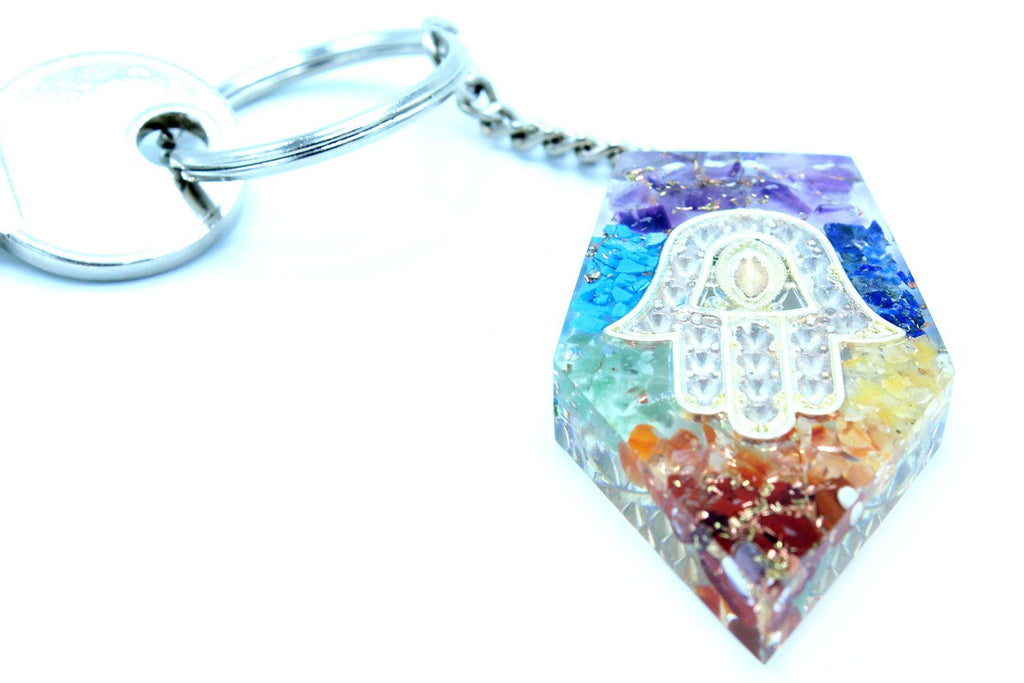 Orgonite Power Keyring with Gemstone Chakra Hamsa Design