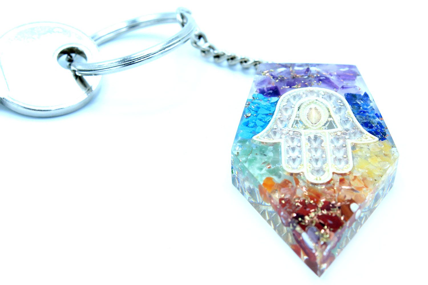 Orgonite Power Keyring with Gemstone Chakra Hamsa Design