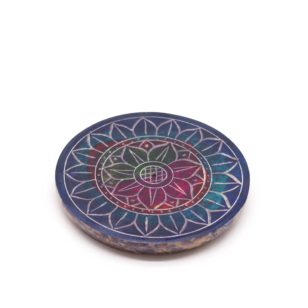 Soapstone Disc Incense Holder with Elegant Lotus Flower Design