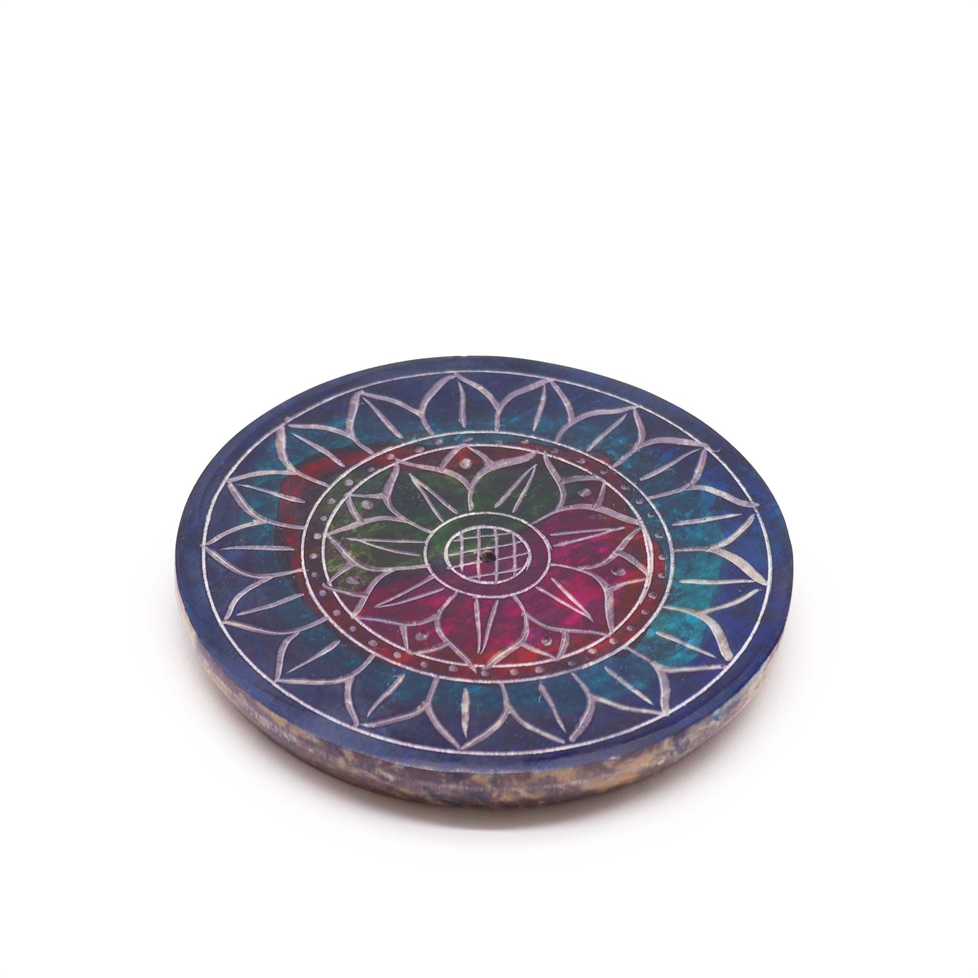 Soapstone Disc Incense Holder with Elegant Lotus Flower Design