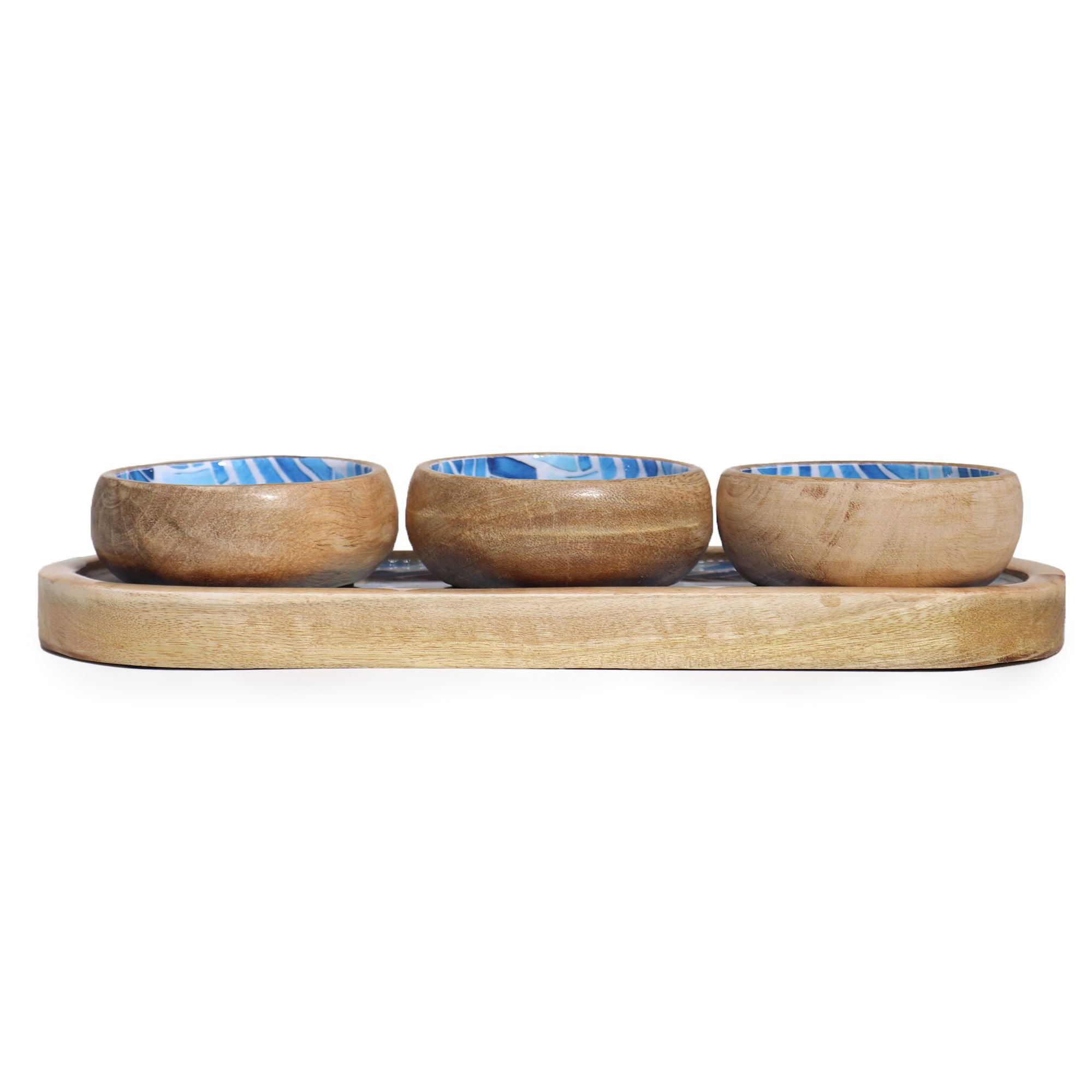 Mango Wood Tray with 3 Bowls in Blue Stripes for Home Decor