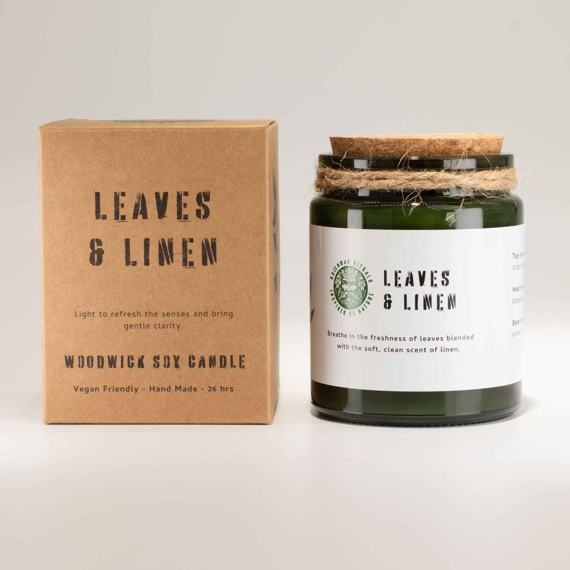 Greenman Woodwick Soy Candle Leaves & Linen in Deep Green Jar