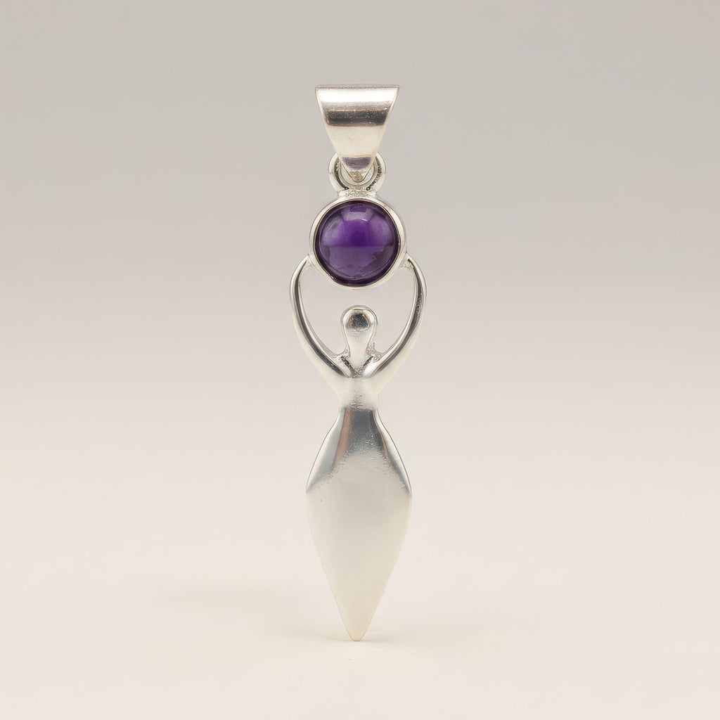 Indian Devotional Pendant Silver Plated with Goddess Amethyst Stone