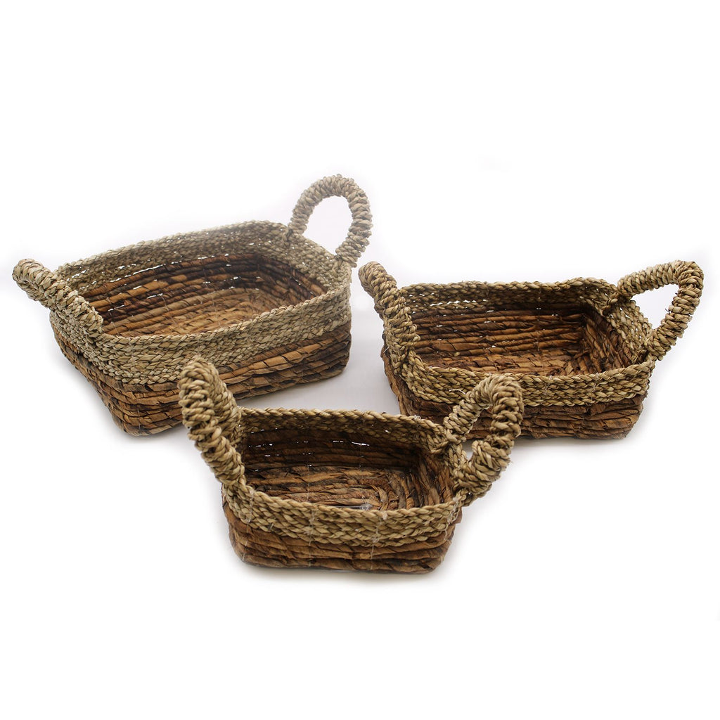 Banana Leaf and Seagrass Square Basket Set of 3 for Storage