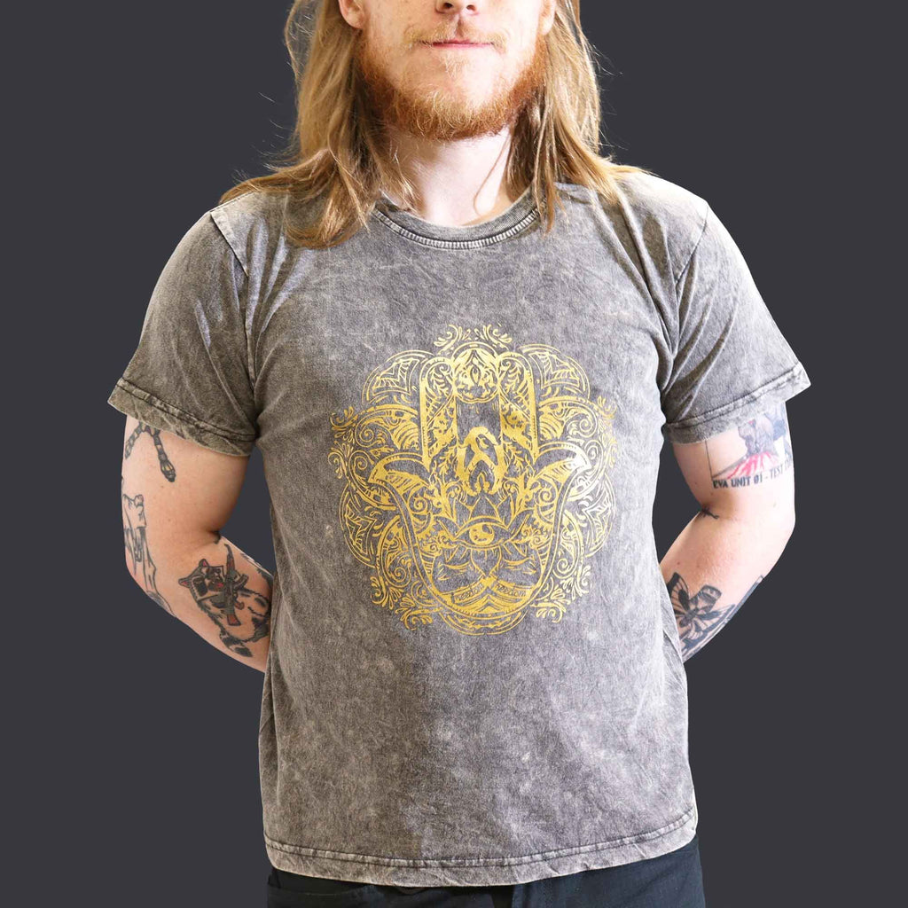 Nomad Sari Stonewashed Cotton T Shirt with Hamsa Design Grey