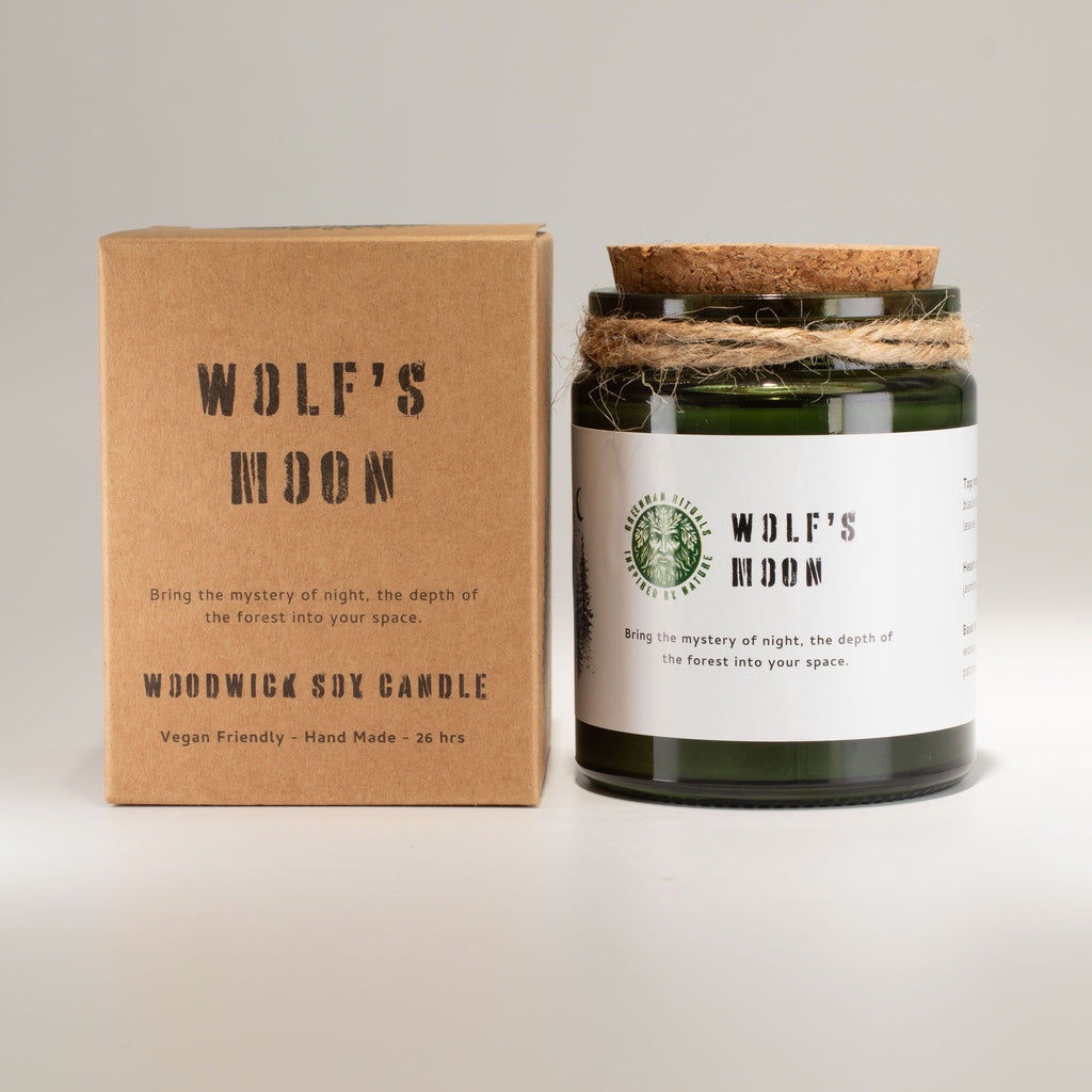 Greenman Woodwick Soy Candle Wolf's Moon in Deep Green Glass Jar