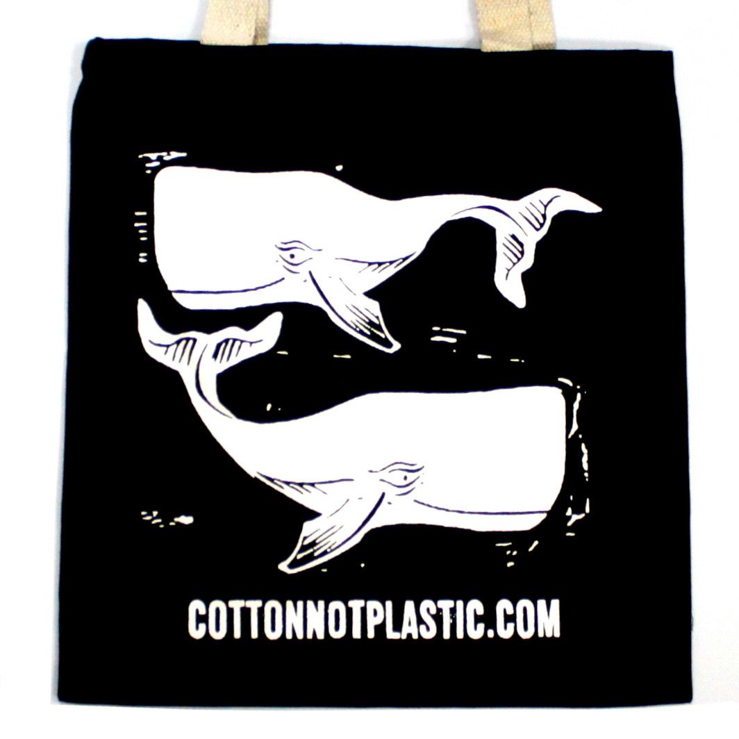 Large Black Cotton Bag with White Whales Design for Eco Friendly Use