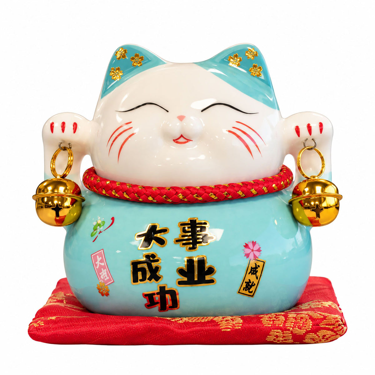Japanese Lucky Cat Ceramic Money Box on Cushion – Blue