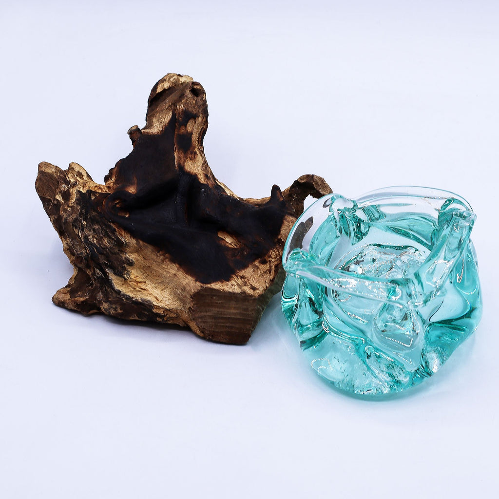 Molten Glass Chunky Ashtray and Candle Holder on Wood Base 23cm