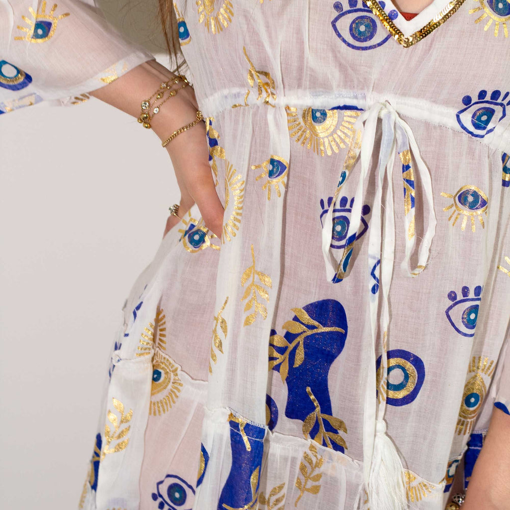 Nomad Sari Evil Eye Dress in White Blue and Gold Size L/XL