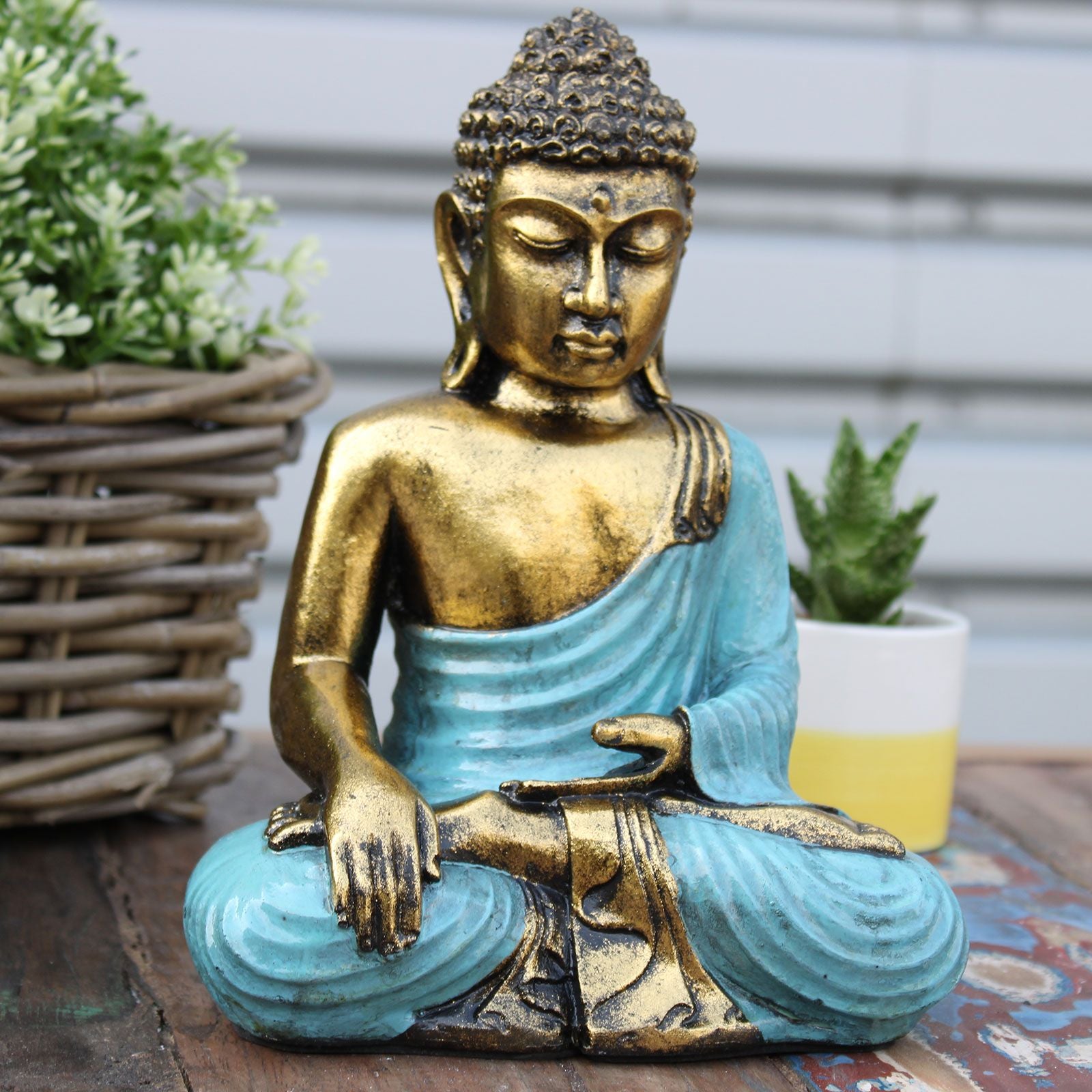 Large Teal and Gold Buddha Statue with Hand Painted Design Art