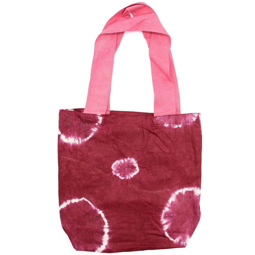 Natural Tye Dye Cotton Bag with Maroon Rings and Pink Handle