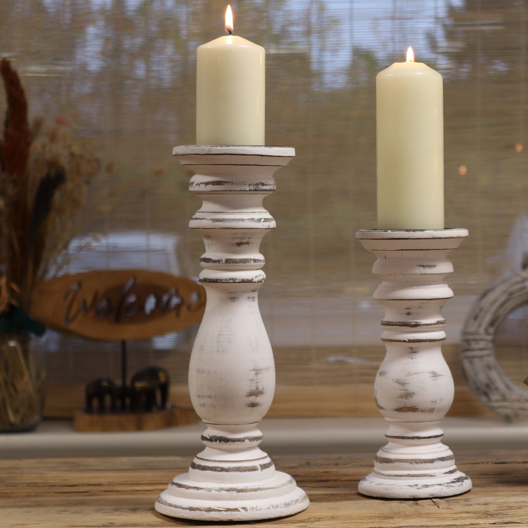 Classic Small Whitewash Candle Stand for Rustic Home Decor
