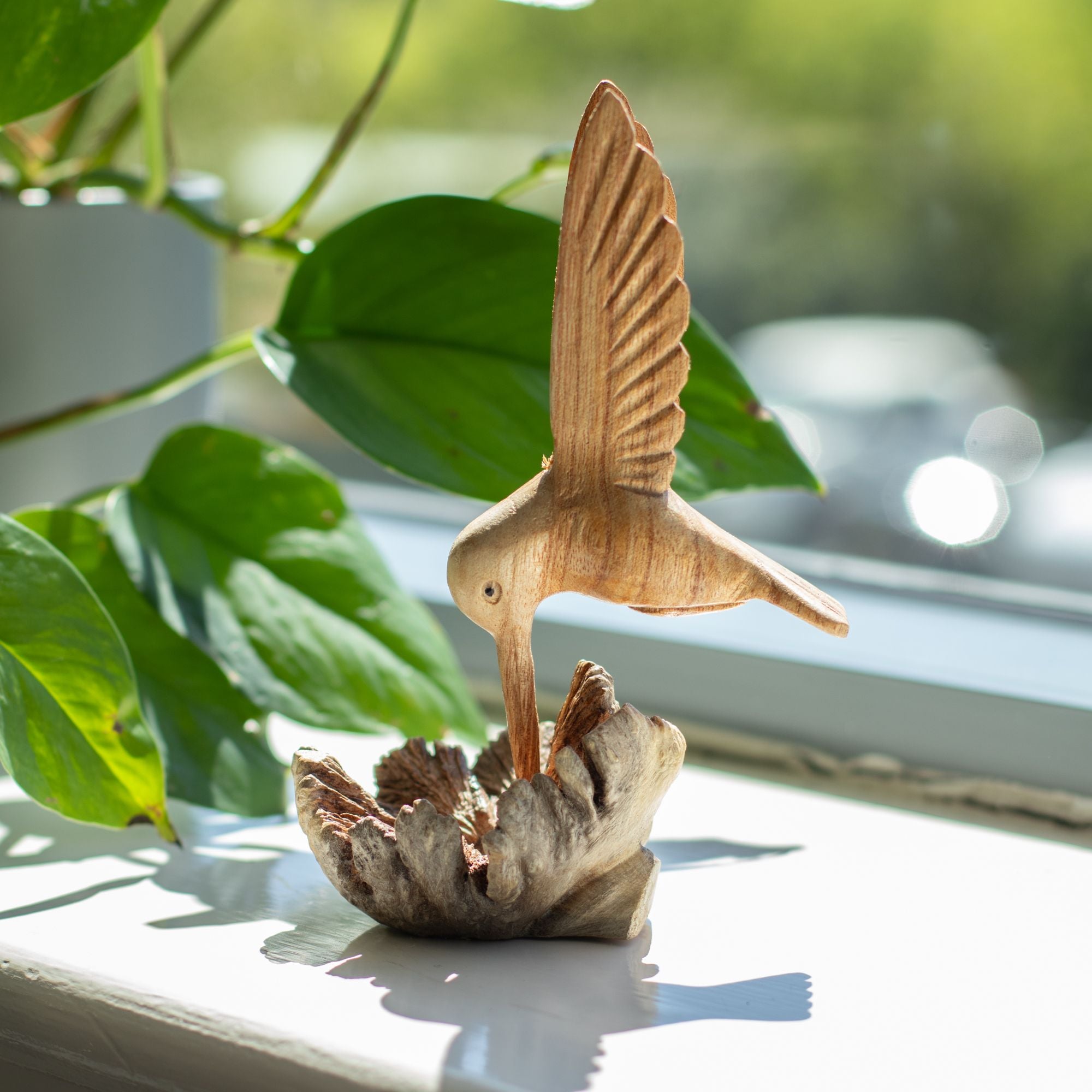 Handmade Parasite Wood Art Carving of Hummingbird Drinking Nectar