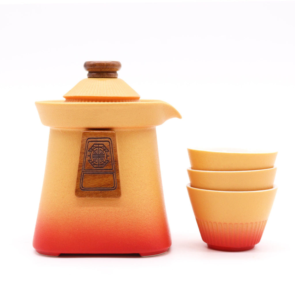 Temple Teapot Set with Three Cups in Vibrant Orange Earth Tones