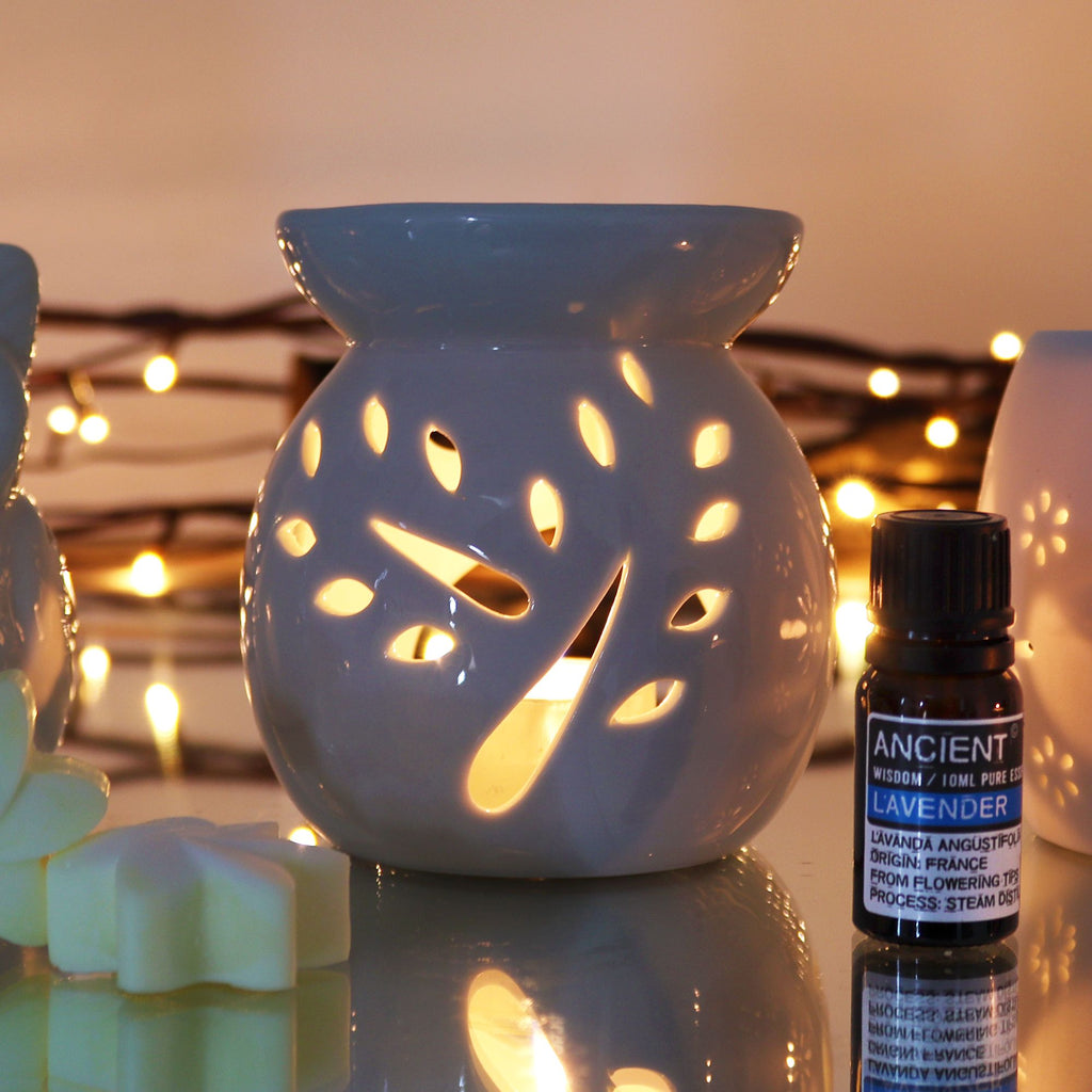 Lrg Classic White Oil Burner with Tree Cut Out Design for Home
