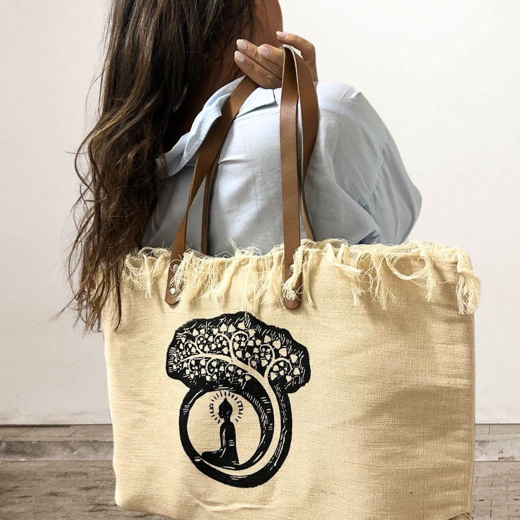 Natural Tote Bag with Leather Handle and Buddha Design