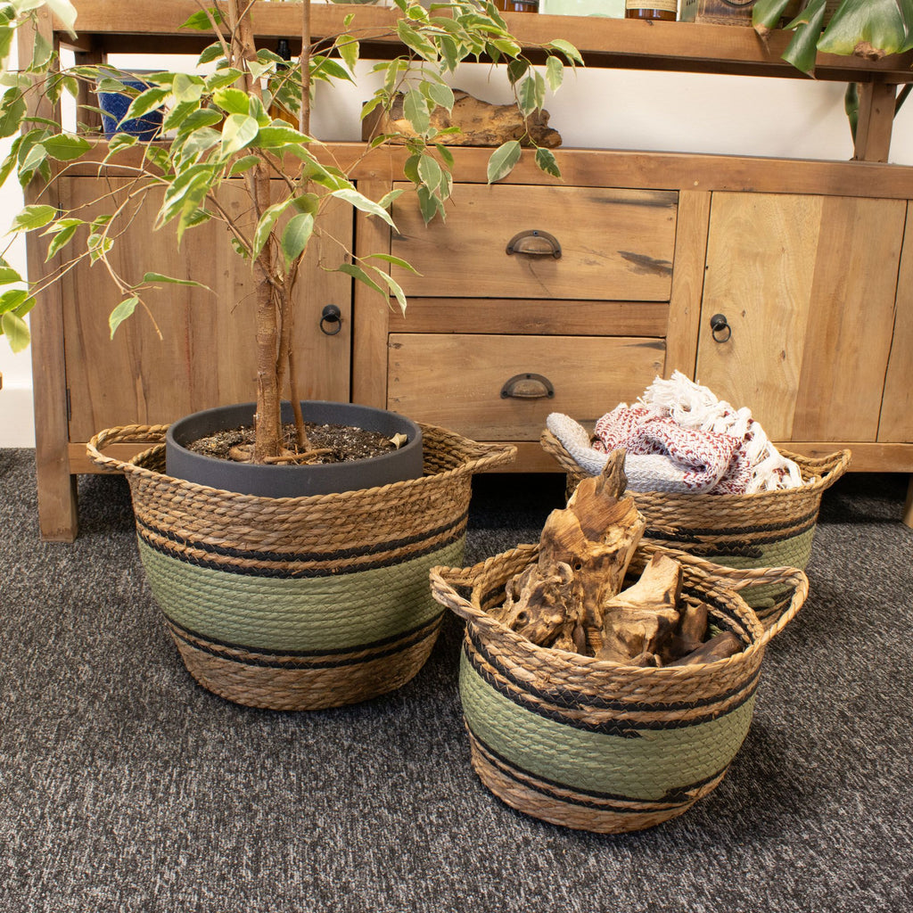Cotton & Seagrass Large Baskets Natural Black & Green Set of 3