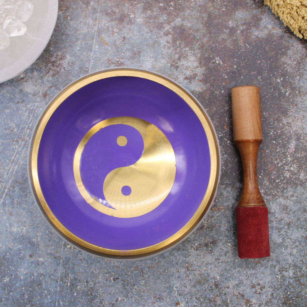 Large Yin and Yang Singing Bowl Set in White and Purple Design