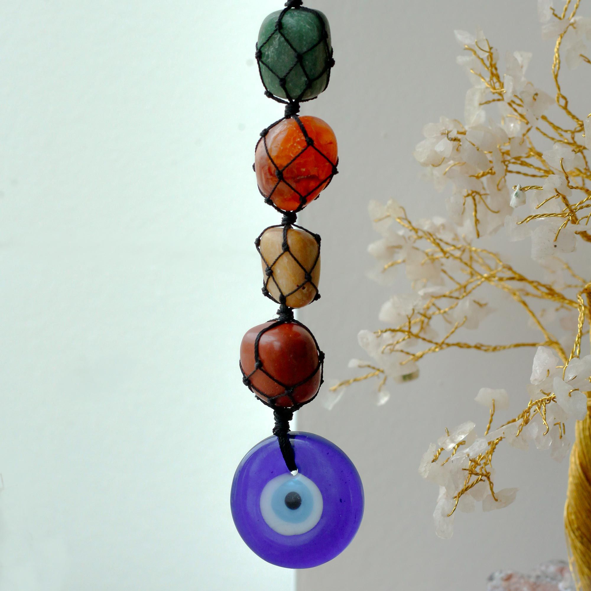 Hanging Chakra Stone Pendant with Evil Eye Protection Charm Gift