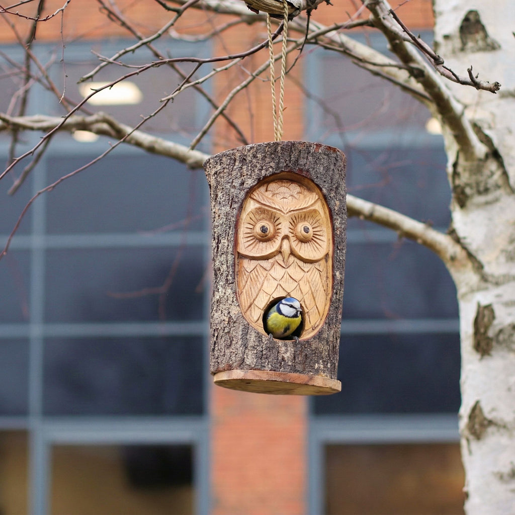 Tree Trunk Face Bird House with Wise Owl Design for Outdoor Gardens