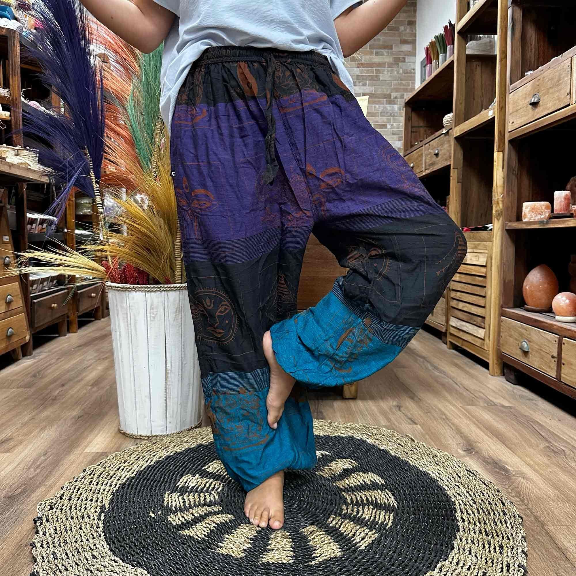 Yoga and Festival Pants with High Cross Himalayan Print in Purple