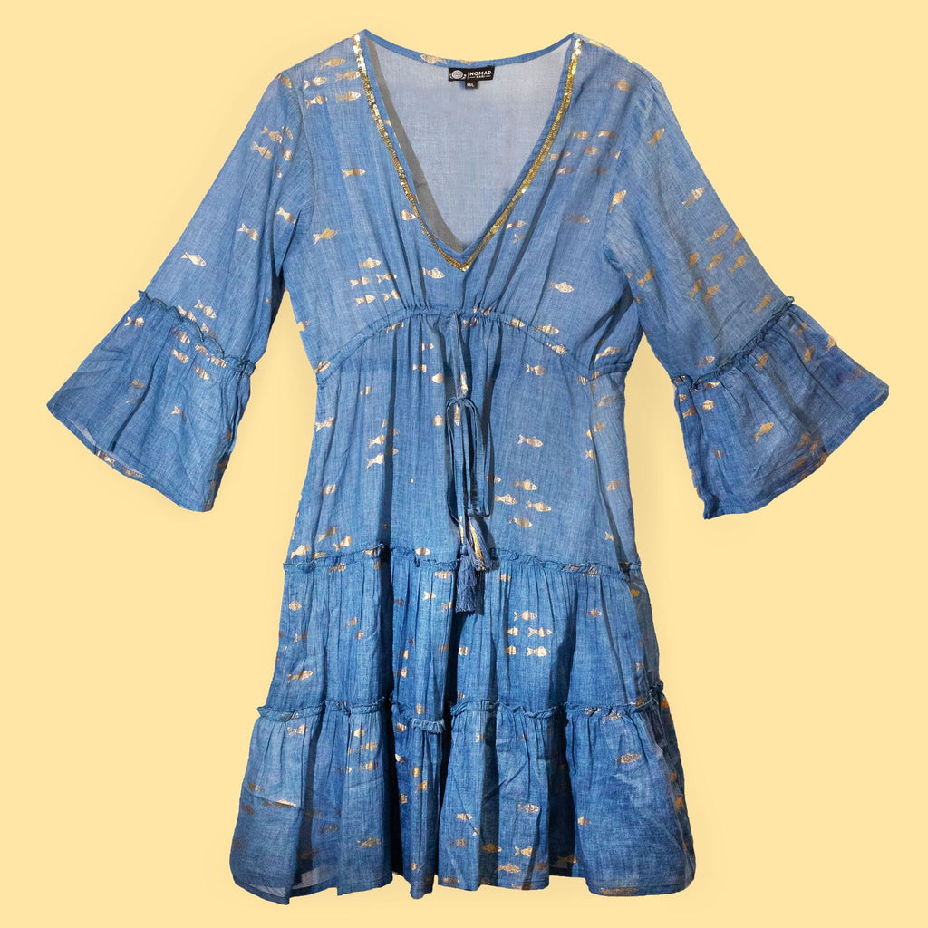 Nomad Sari Sea Blue & Gold Fish Print Dress for Summer Style