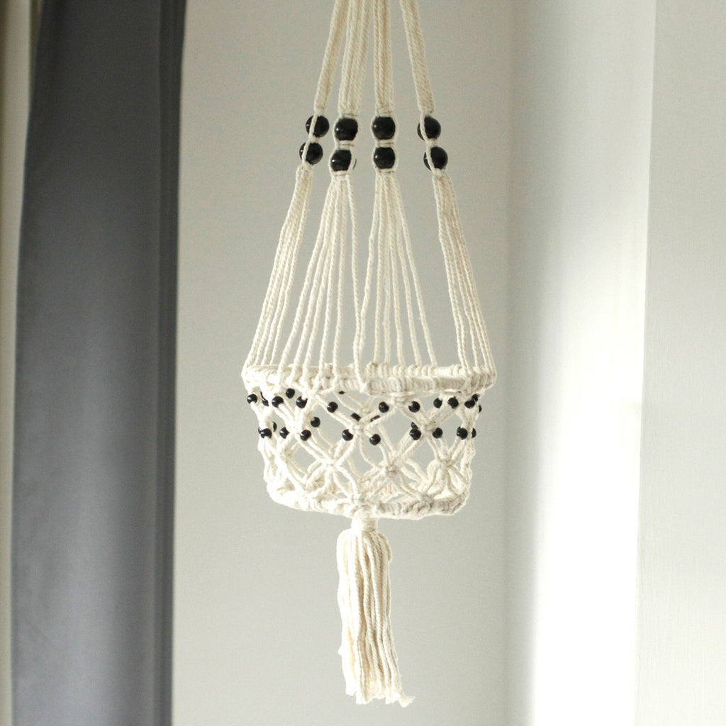 Large Single Beaded Macrame Pot Holder for Home Decor Display