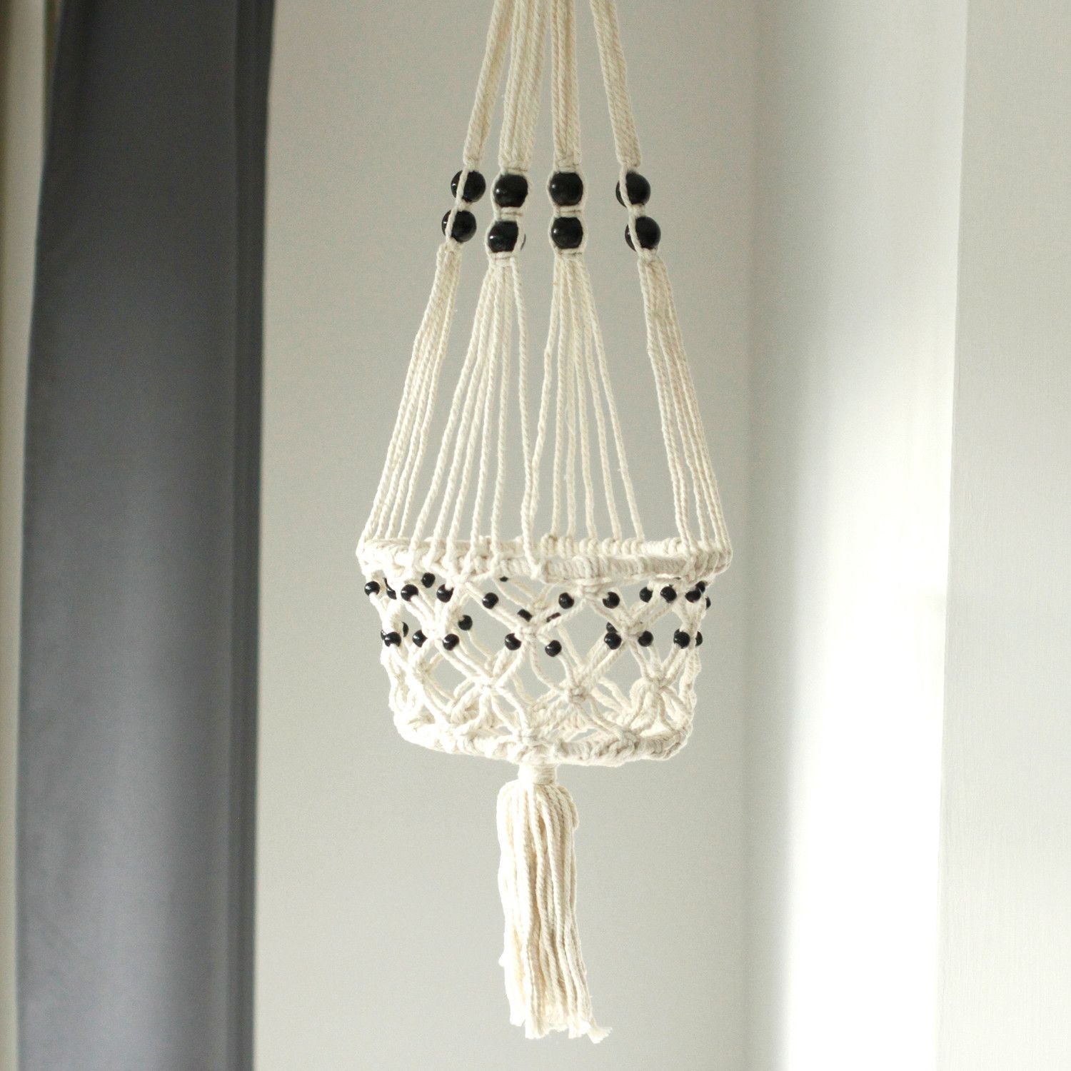 Large Single Beaded Macrame Pot Holder for Home Decor Display