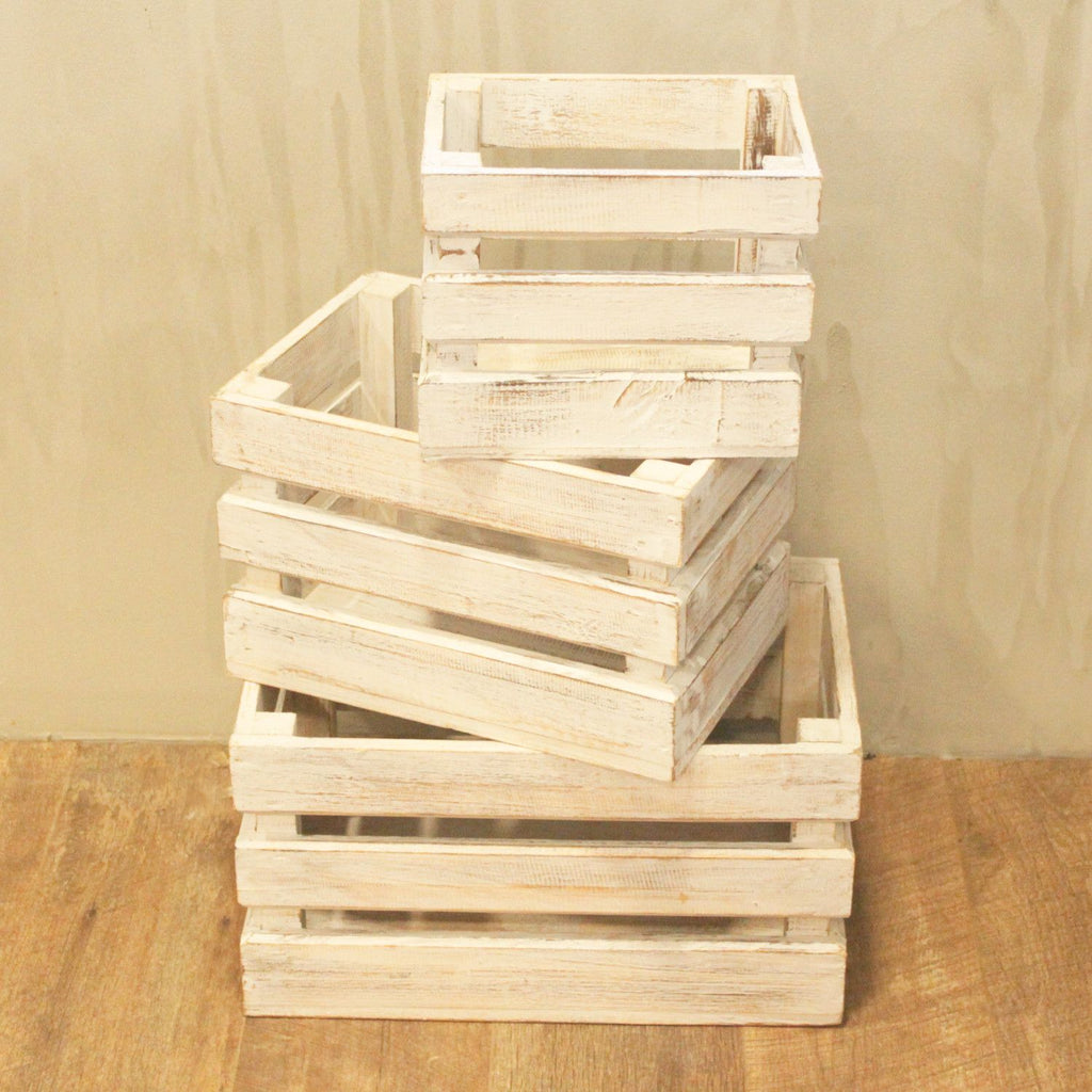 Wooden Storage Crates Set of 3 in Whitewash for Home Organisation