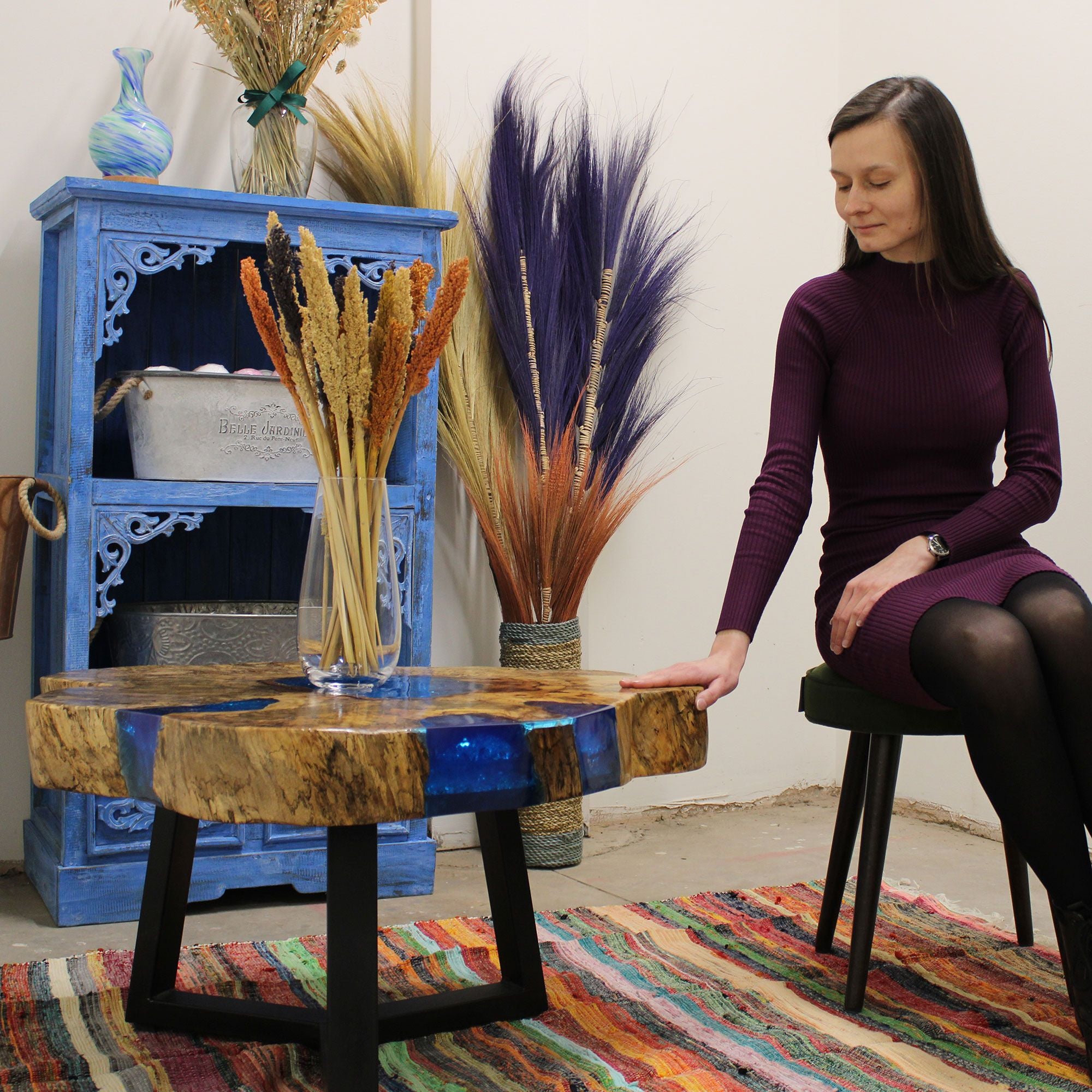 Tamarind and Resin Coffee Table in Sky Blue for Unique Interiors