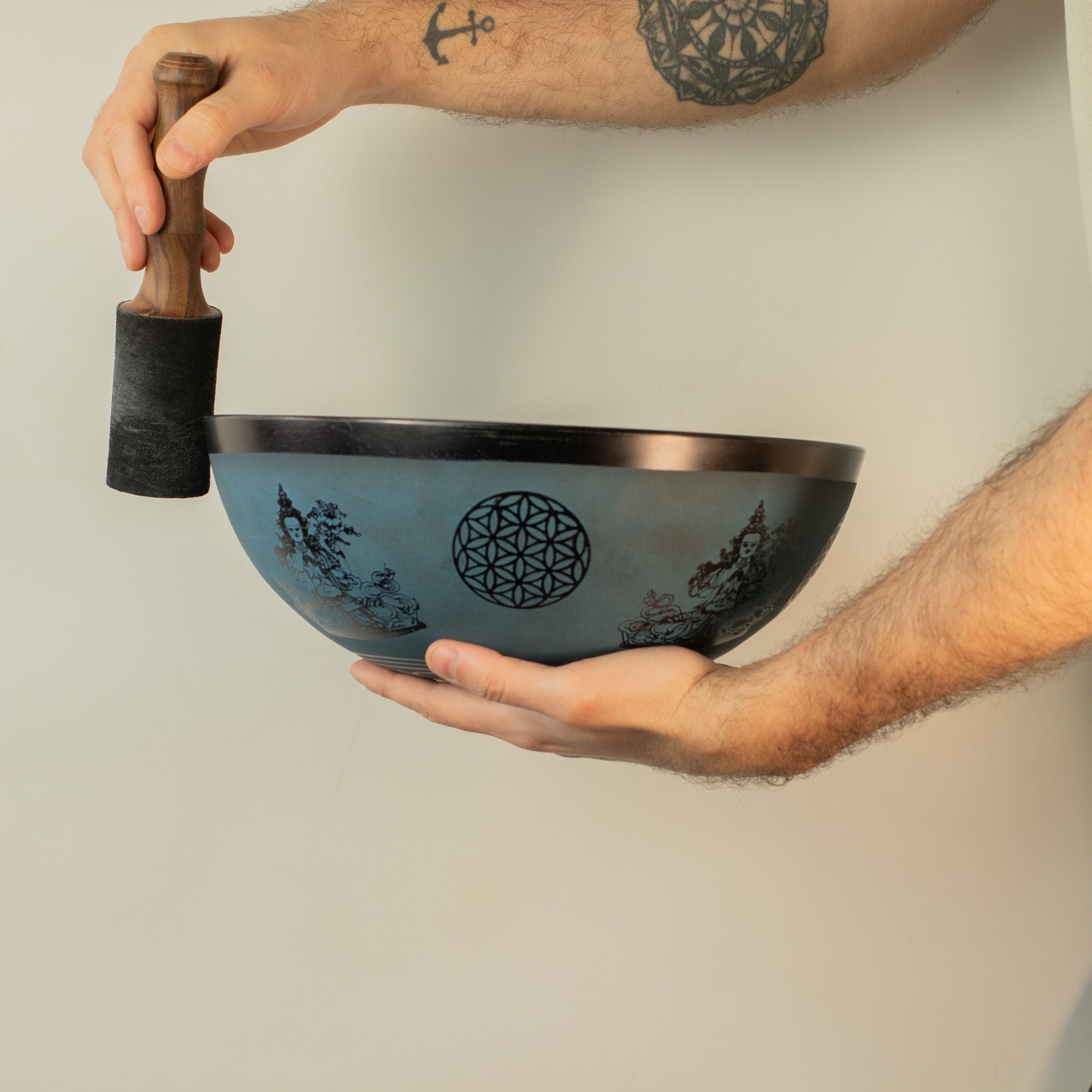 Large Aluminum Singing Bowl with Tibetan Double Dorje Design Blue
