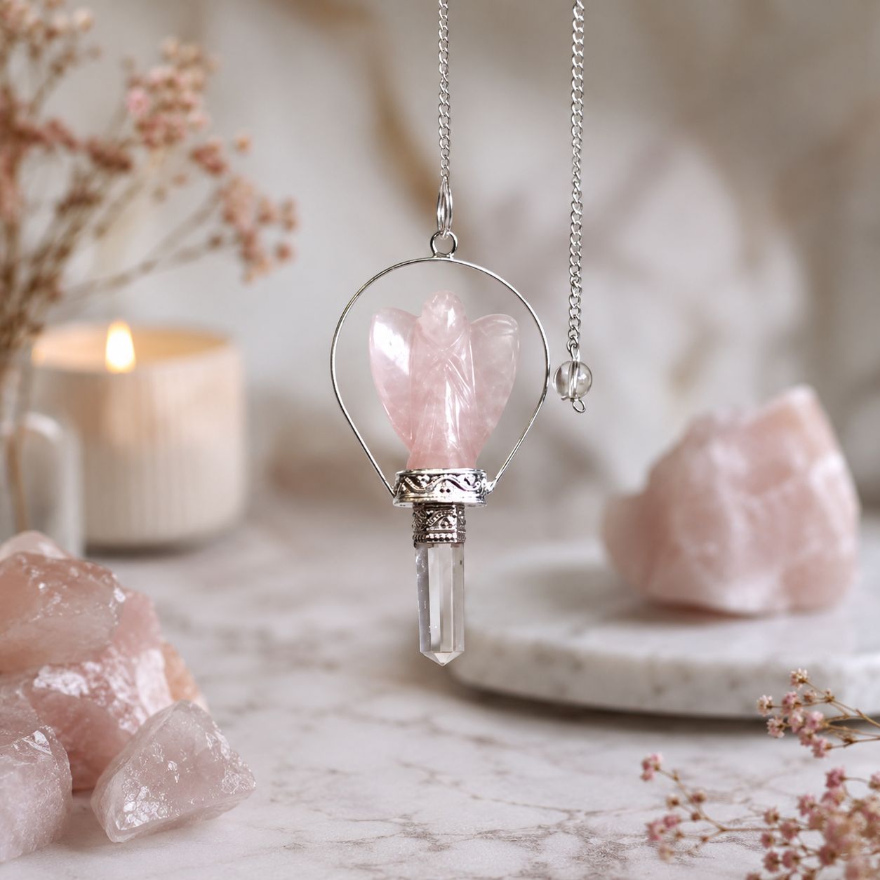 Angel Pendulum with Ring- Rose Quartz