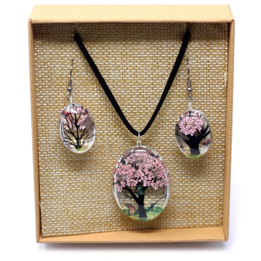 Pressed Flowers Tree of Life Set in Pink Unique Jewellery Gift