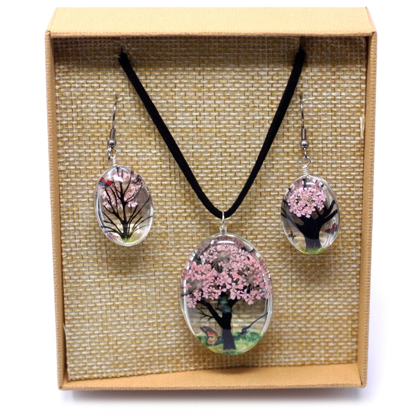 Pressed Flowers Tree of Life Set in Pink Unique Jewellery Gift