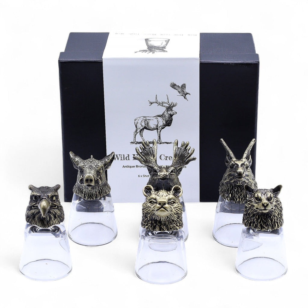 Gift Set of 6 Wild Forest Creatures Shot Glasses in Antique Bronze