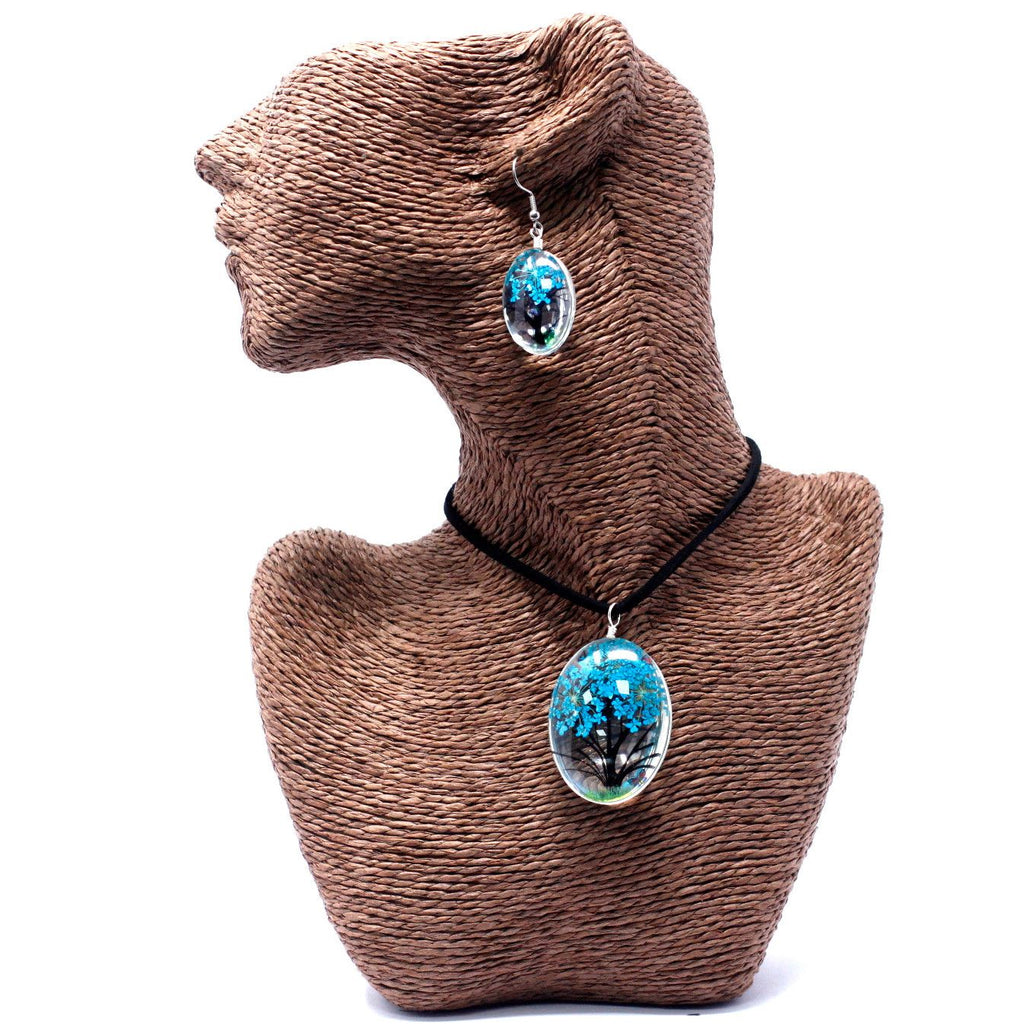 Pressed Flowers Tree of Life Set in Teal for Unique Nature Jewellery