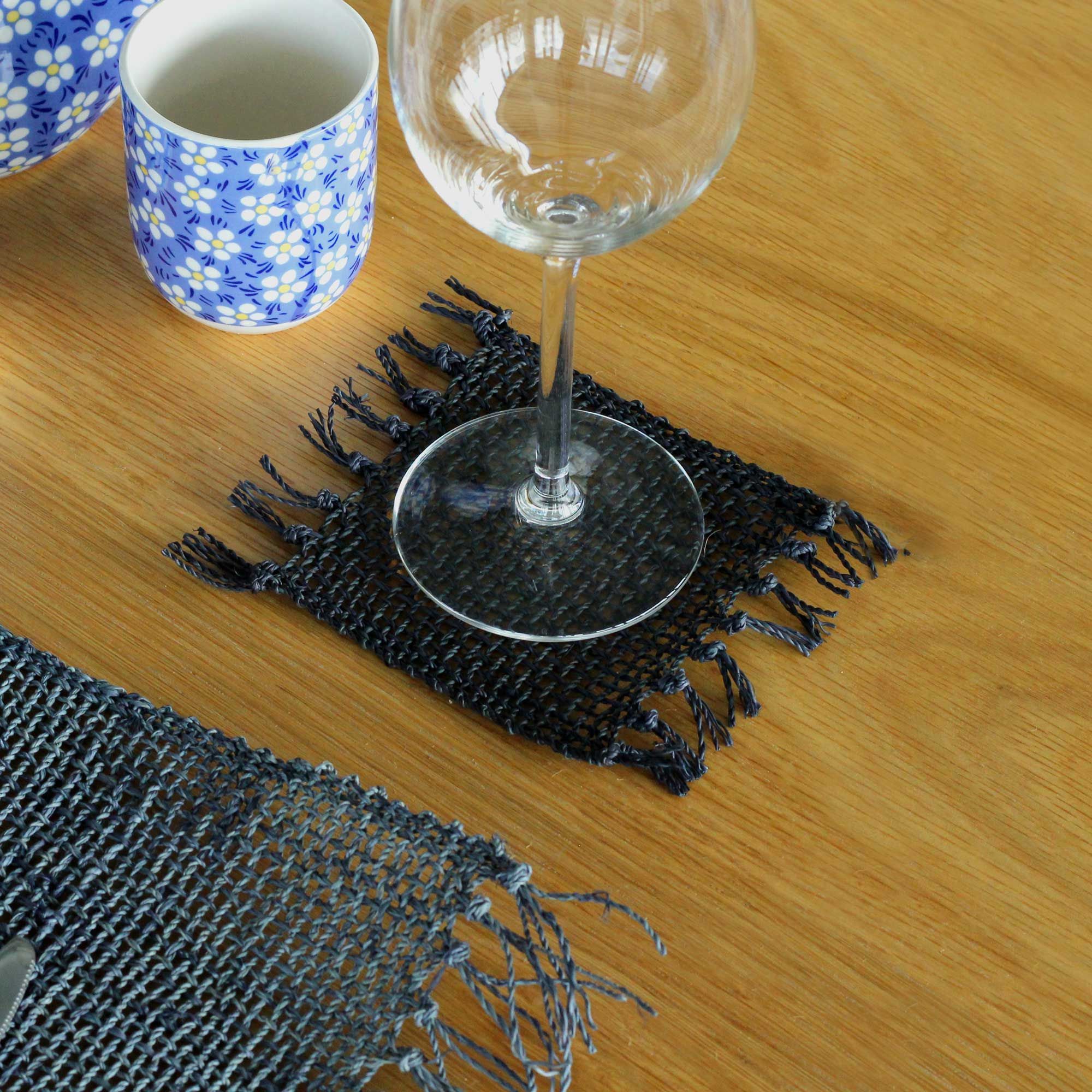 Set of 4 Black Finish Seagrass Fringe Coasters for Home Decor