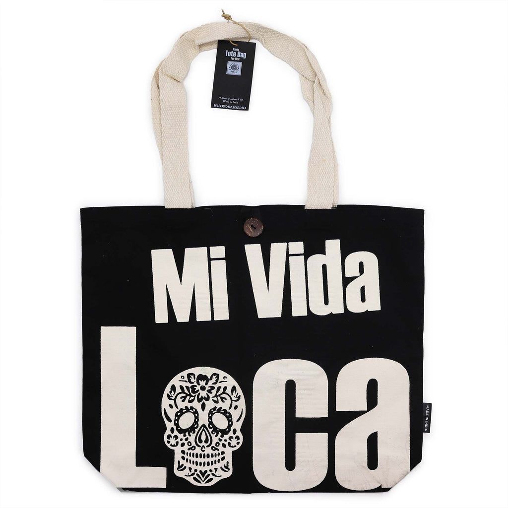 Iconic Classic Tote Bag Mi Vida Loca Black Natural with Skull Design
