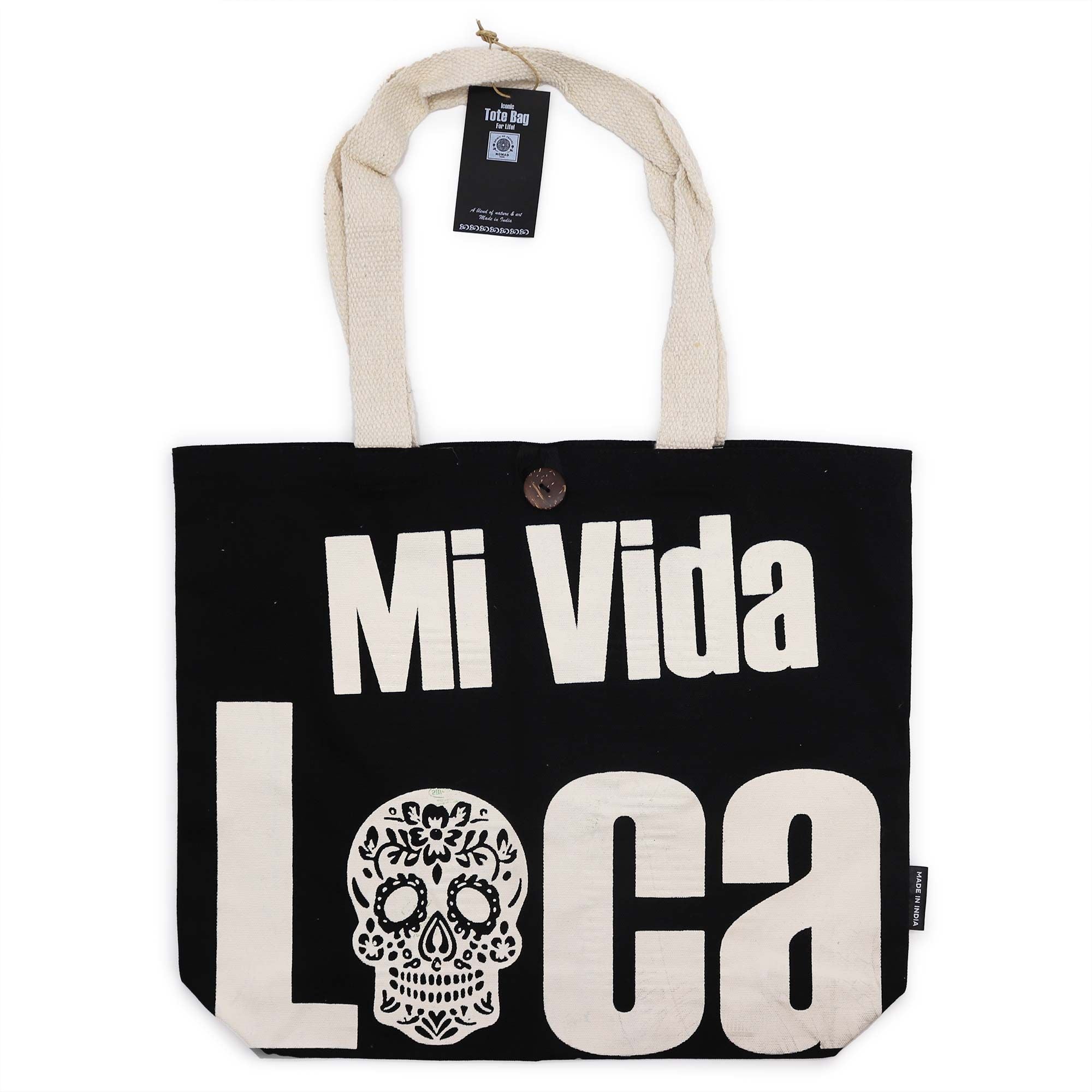 Iconic Classic Tote Bag Mi Vida Loca Black Natural with Skull Design