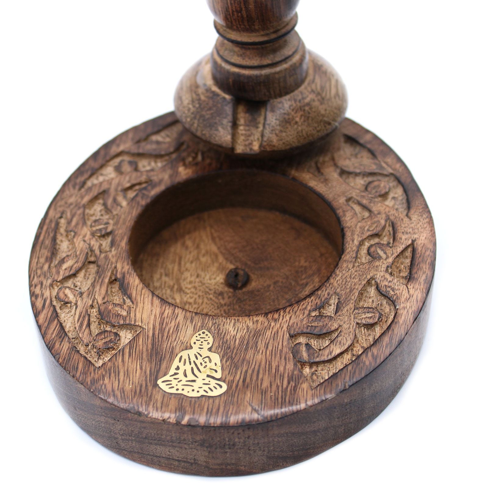 Mango Wood Backflow Burner with Brass Buddha Design for Decor