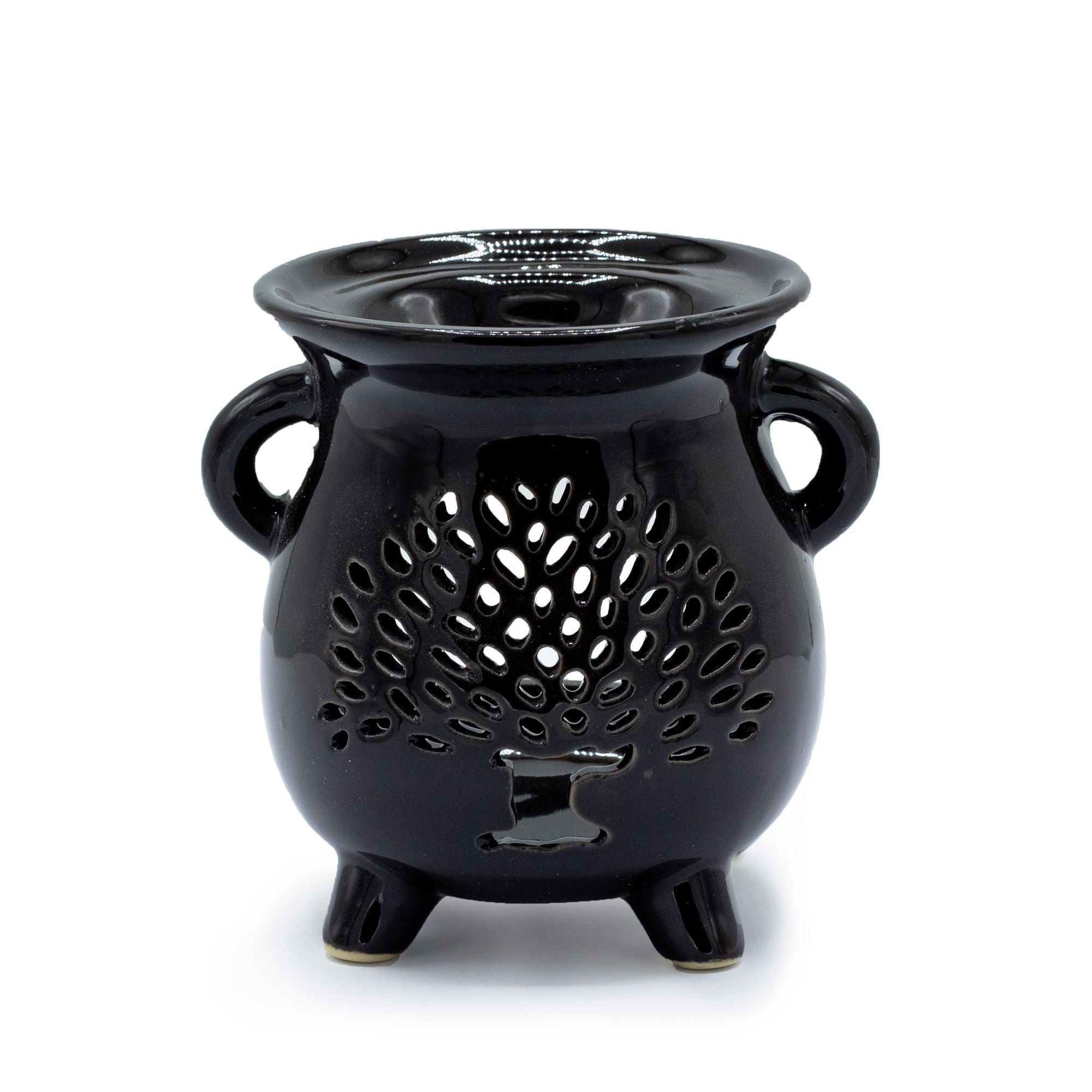 Cauldron Oil Burner with Tree of Life Design in Elegant Black